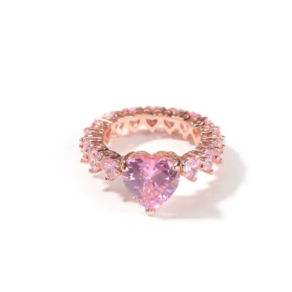 Pink Heart ring size 9 Luxury Pink White CZ Iced Out Bling Full Heart Cubic Z…